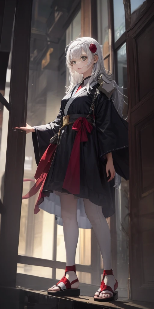 Female, standing, straight, long_hair, messy_hair, white_hair, kimono with armor, metal sandals