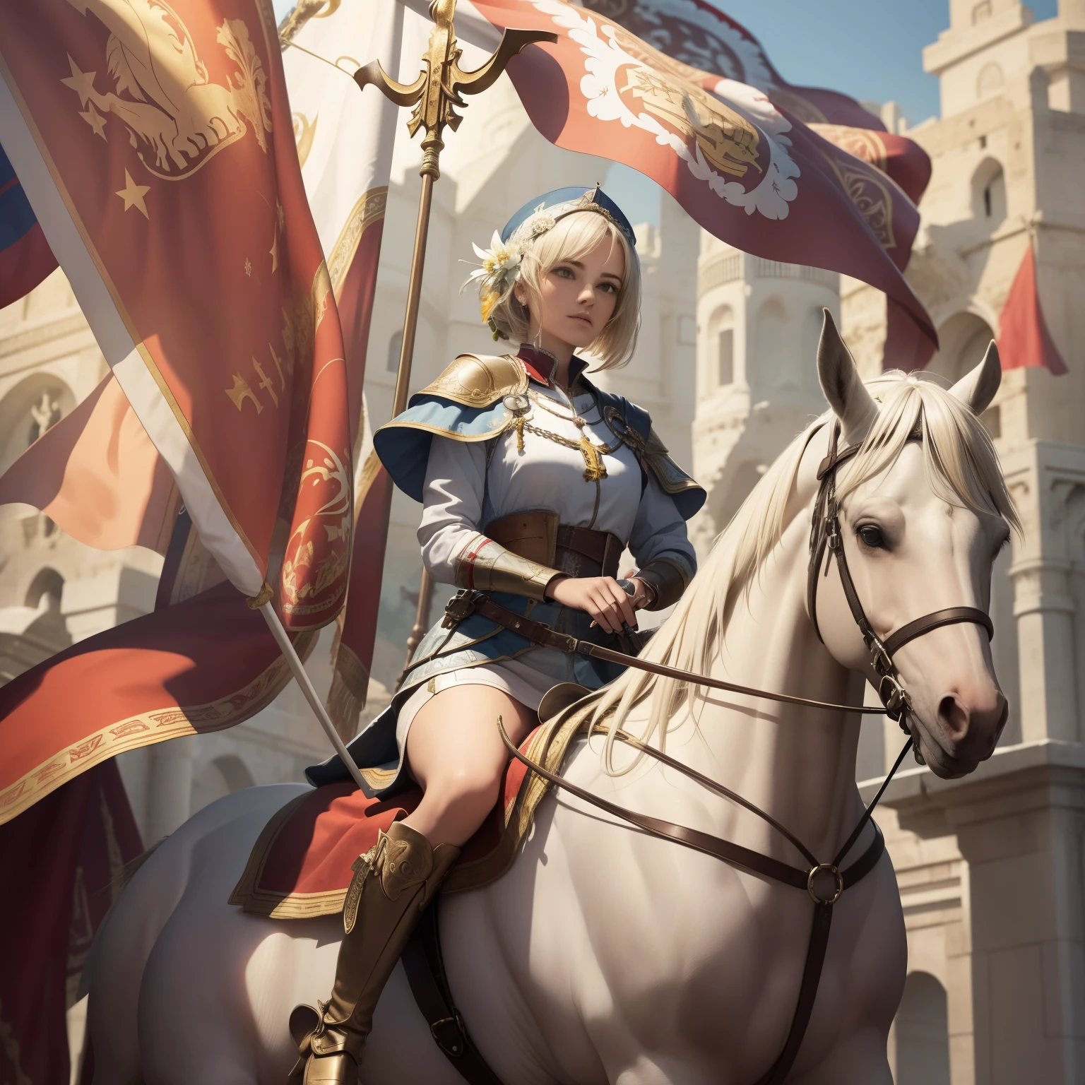 (((Fleur-de-lis))) une image dynamique de la belle Jeanne d&#39;Arc avec un court (bobiné) cheveux bruns, portant une armure blanche avec une croix rouge gravée sur le plastron, chevauchant un beau cheval blanc d&#39;élevage réaliste qui est debout, tenant en l&#39;air un drapeau Branner représentant le (((Fleur-de-lis))), Lys, symbole de la France royale, Photoréaliste, hyper-détail, Résolution 24k.