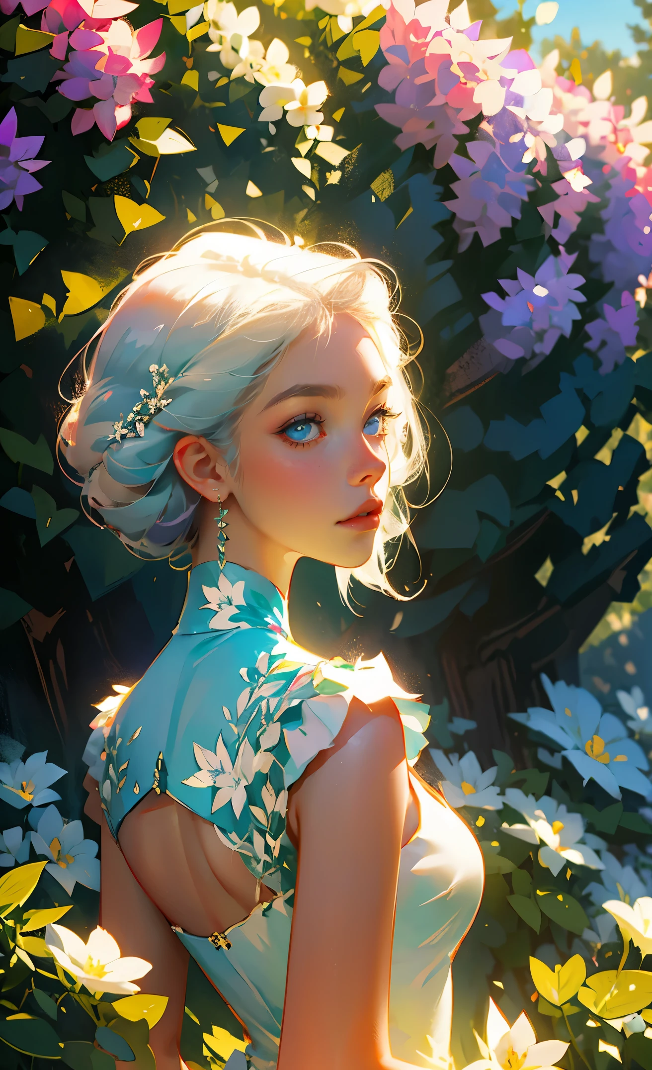 portrait, Fantasy, world, garden, a lot of vegetation, flowers, girl, short white hair, in a chic ball gown, Blue eyes, expressive breasts, hid in bushes of flowers, bunches of lilacs, peeks out from behind bushes of flowers