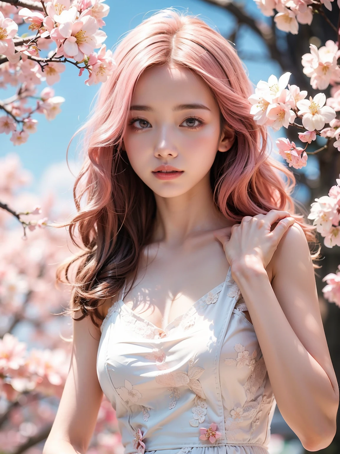 cabelo rosa claro, Olhos rosa, rosa e branco, Folhas de flor de cerejeira, cores brilhantes, vestido branco, respingos de tinta, fundo simples, Rastreamento de raio, Cabelo ondulado