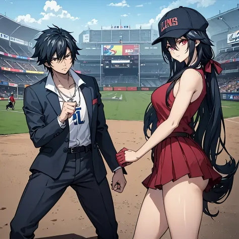 a man and a woman (eye red) playing baseball together