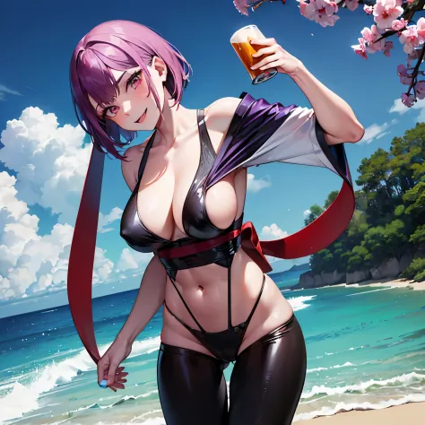 (((1girl) ,pale skin, Masterpiece, ultra quality)), purple short hair, red eyes, posing to pictures, muscle body,strong body, muscle arms, muscle legs, sexy micro black kimono, oiled body, smiling, drinking a beer, on beach