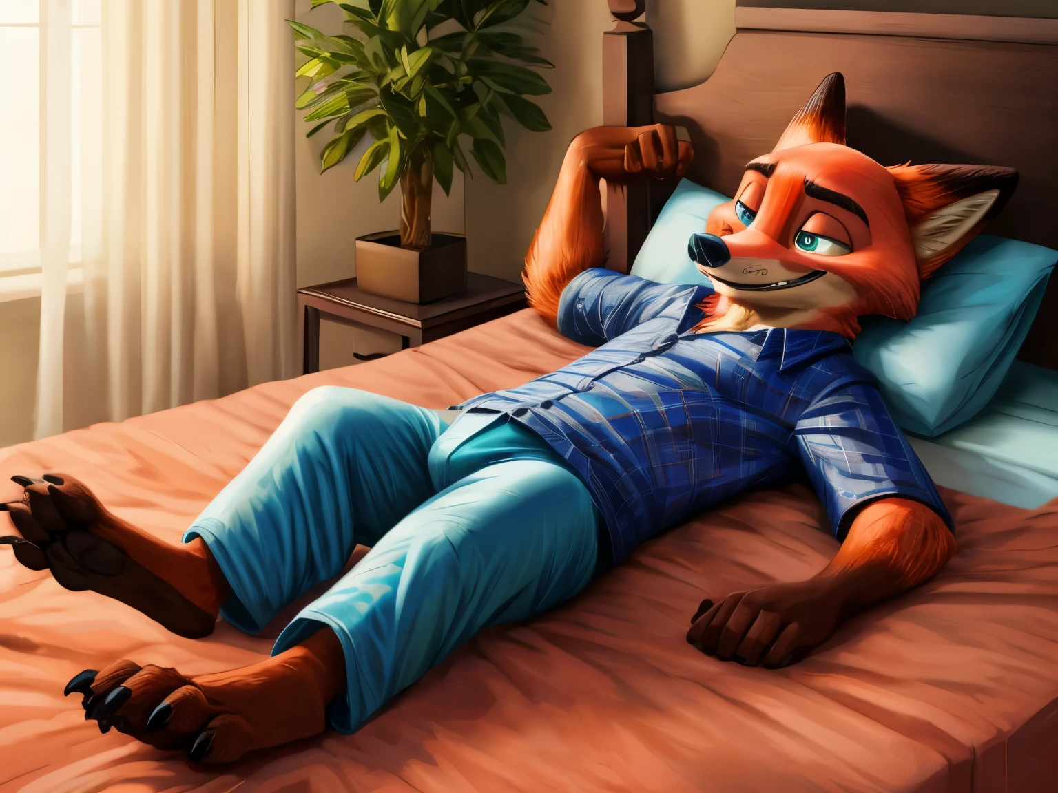 There is a cartoon fox laying on a bed with a pillow - SeaArt AI