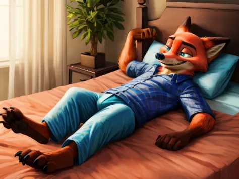 Barefoot hypnotised Nick Wilde is lying on a bed with his arms and legs spread, wearing black pyjamas, handcuffed to the bed by his wrists and ankles, detailed nice big paws with claws and toe ring, in a trance, a look of weak resistance to hypnosis on his...