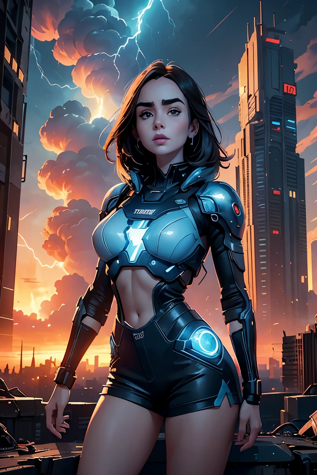 Lily Collins,grande silhouette，peau，Short haut du corps，Short moyen，Un travail complexe，icône，logo d&#39;entreprise，Émettre de la lumière bleue，Fond avec，technologie future，ville cyberpunk，Grand bâtiment mécanique，gros matériel，Ruines apocalyptiques，Tornade géante，ciel bleu et nuages blancs，Coup de tonnerre，coucher de soleil, feu, nuages，plusieurs planètes，fin du monde，Tornade géante