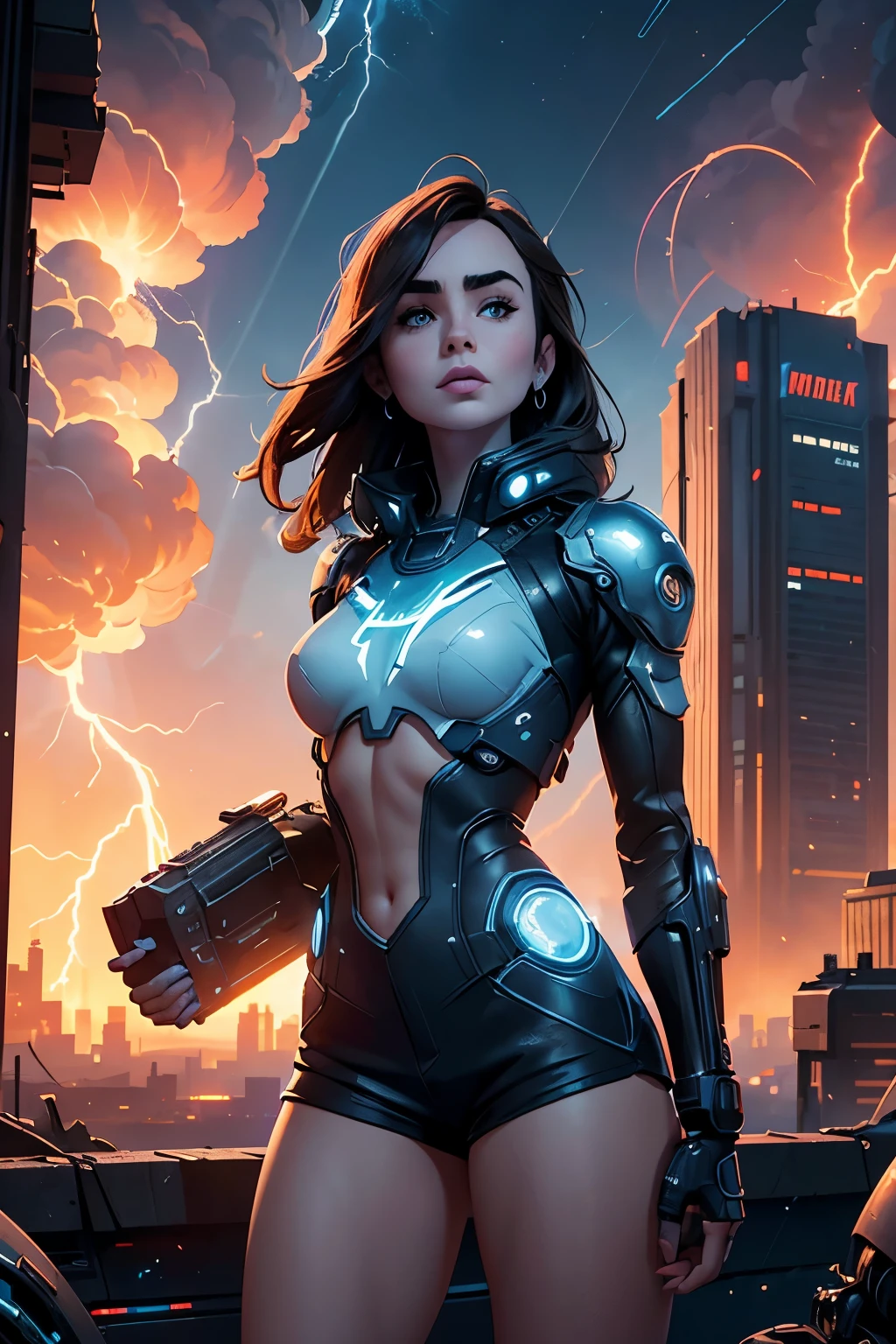 Lily Collins,figura alta，pele，Shorts shortedium na parte superior do corpo，Obra complexa，ícone，logotipo da empresa，Emite luz azul，Plano de fundo com，Tecnologia futura，Cidade ciberpunk，Grande edifício mecânico，engrenagem grande，Ruínas do Juízo Final，giant tornado，céu azul e nuvens brancas，Relâmpago Trovão，pôr do sol fogo nuvem vários planetas，fim do mundo，giant tornado