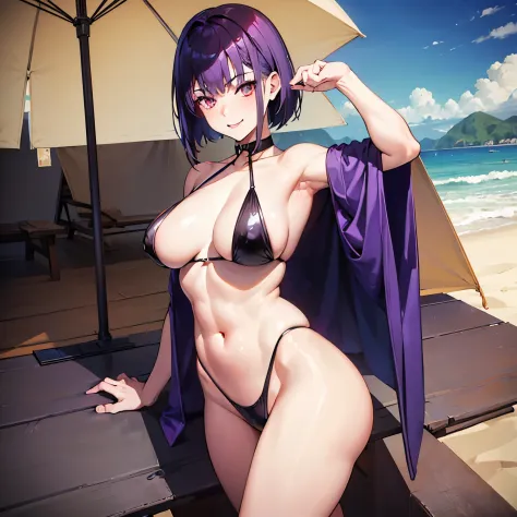 (((1girl) ,pale skin, Masterpiece, ultra quality)), purple short hair, red eyes, posing to pictures, muscle body,strong body, muscle arms, muscle legs, sexy micro black kimono, oiled body, smiling, drinking a beer, on beach