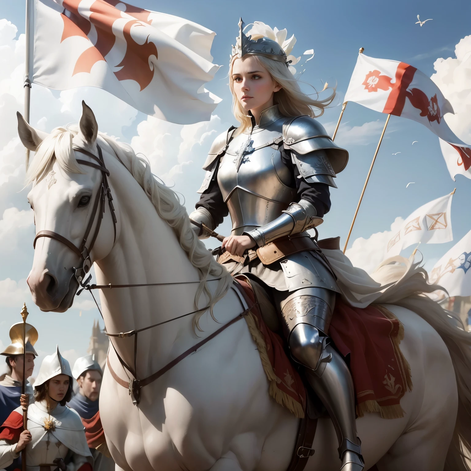 Joan of Arc, Medieval France, riding a beautiful white horse, horse ins rearing, Petite and Lean, Armor with a White Surcoat and Cross, Adobe Photoshop, Realistic Digital Painting, Historical Portrait, High Resolution, Warm light, Symbolic Art, Brave, Resolute Expression, Inspirational Atmosphere(((Fleur-de-lis))) a dynamic image of Joan of Arch with short (bobbed) hair, wearing white armor with a (((Fleur-de-lis))) emblazoned on the chest-plate, riding a Rearing white horse who is standing, holding aloft a branner flag depicting the (((Fleur-de-lis))), lily symbol of royal France, photorealistic, hyper-detail, 24k resolution.