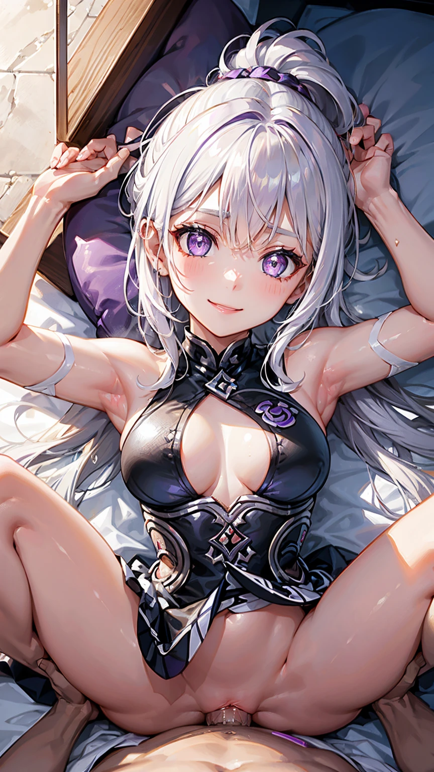 White hair, Ponytail, Purple eyes, Smile, Naked - SeaArt AI