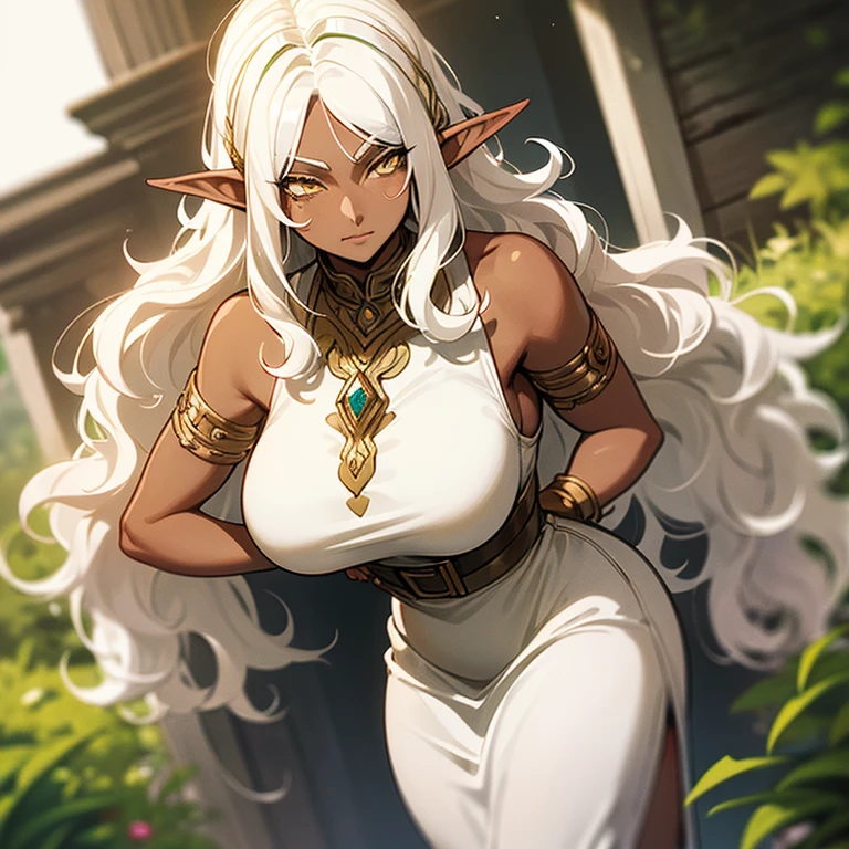 (((An elf milf woman alone))),(((Dark Skin))),(((yellow eyes))),(((wavy white hair))),((curvy body)), (((nice dress)))