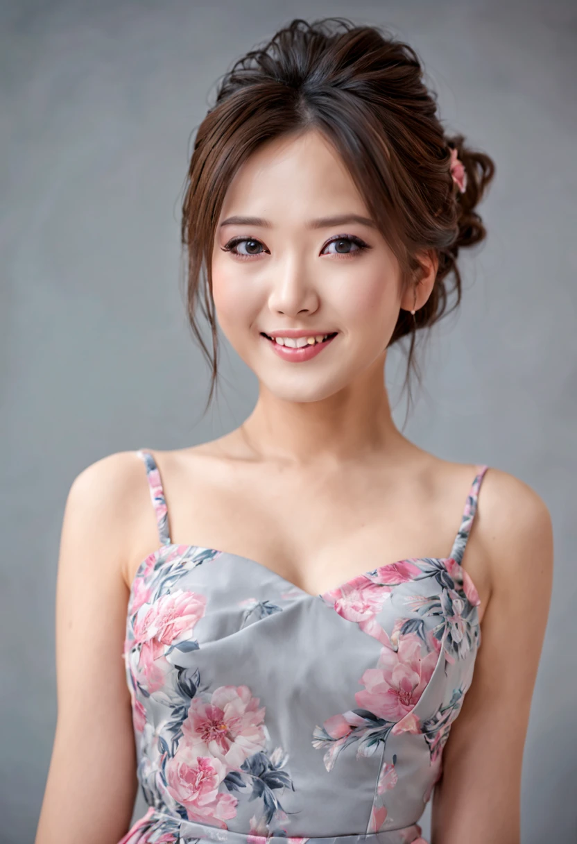A beautiful girl, perfect pink eyes, smiling, fantastic face, Korean, attractive beautiful K-pop face, beautiful look, detailed elegant printed modern dress, updo elegant hair, blurred gray tones background, ultra focus, face illumined, face detailed, 8k resolution
