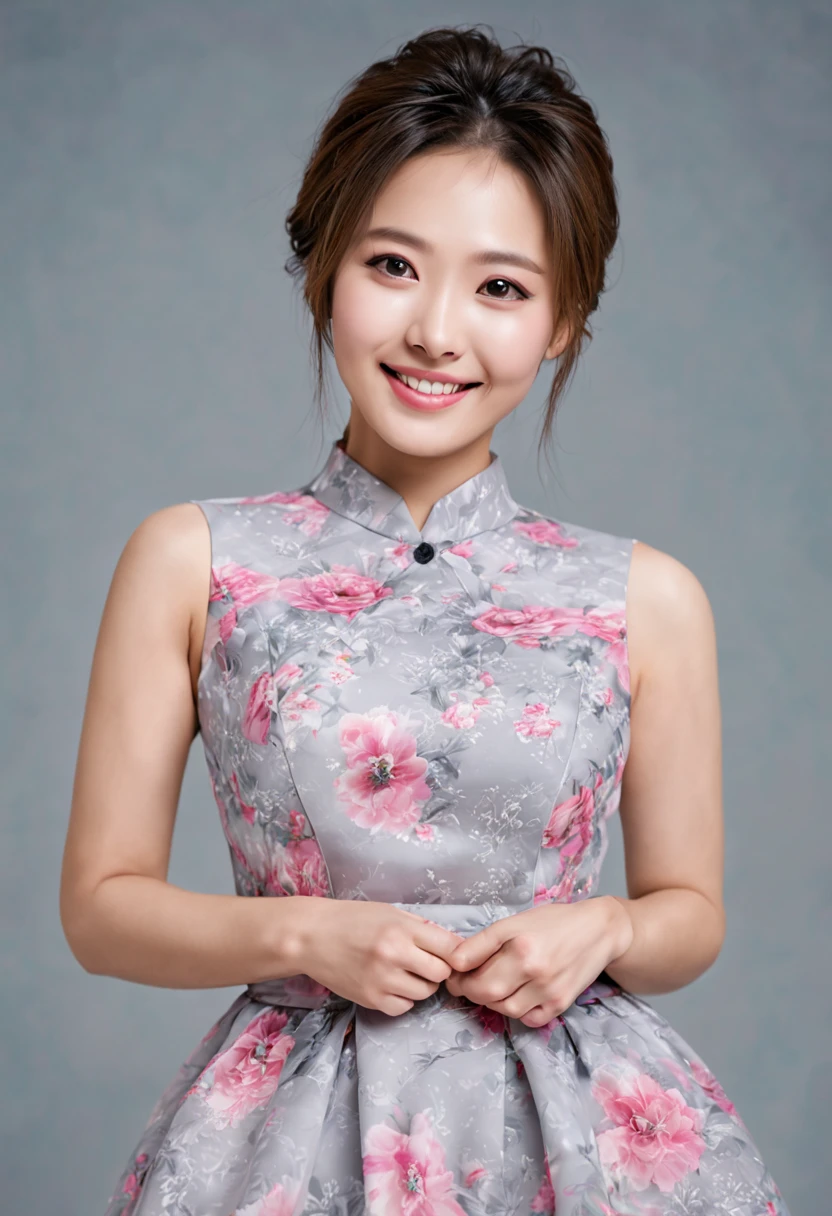 A beautiful girl, perfect pink eyes, smiling, fantastic face, Korean, attractive beautiful K-pop face, beautiful look, detailed elegant printed modern dress, updo elegant hair, blurred gray tones background, ultra focus, face illumined, face detailed, 8k resolution
