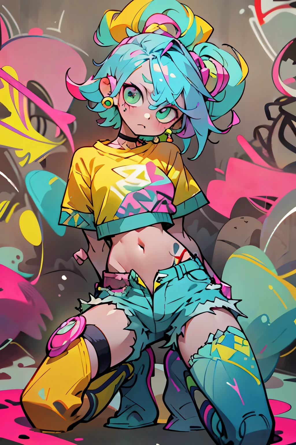 masterpiece, best quality, 1girl, solo, crop top, denim shorts, choker, (graffiti:1.5), paint splatter, arms behind back, against wall, looking at viewer, armband, thigh strap, paint on body, head tilt, bored, multicolored hair, aqua eyes, headset,non gender anime person in slim body with an outfit of yellow sweater with pink polkadot bubble design, and blue and green pants, psycho, cool pose, left crab arms, zooble, cool sit pose, pink short messy hair, abstract triangular shapes, clown vibe
