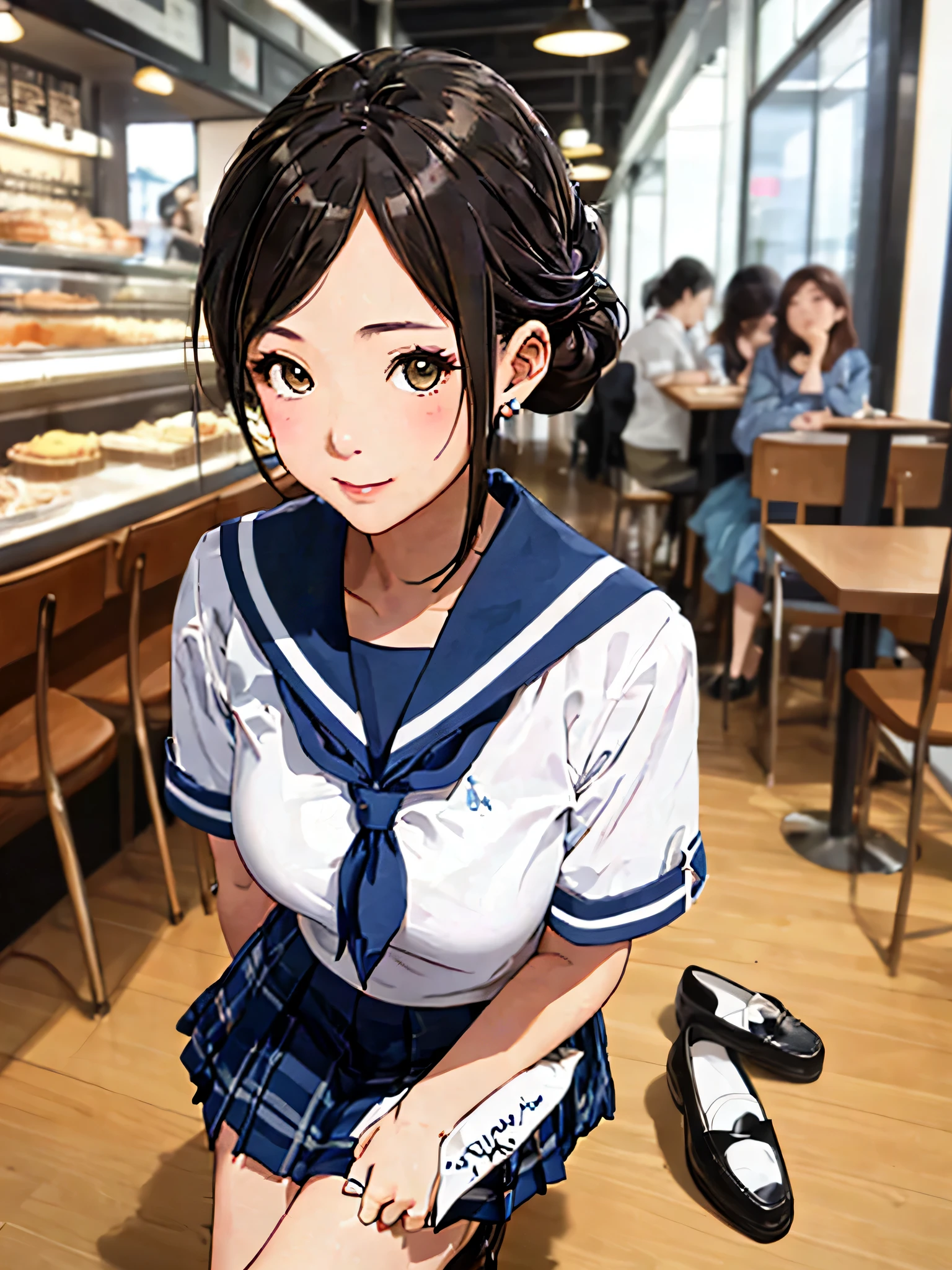 (8K, RAWphotograph, highest quality, masterpiece:1.2), 高精細な RAW カラーphotograph,
18 year old beautiful girl,photograph,realistic,whole body,intricate details,perfect skin,huge breasts,cute hairstyle,Have a stylish lunch on a date or at a cafe,

sailor suit,
A cute uniform with a sailor collar design..。,
Choosing a simple shape will give you an elegant and cute impression.。.。,
Pleated skirts and flared skirts are wonderful。,
Navy colors and plaid patterns are popular..。,
The recommended length is above or below the knee..。,
Pair your feet with loafers or heelless leather shoes for a chic and cute look..。,
We also recommend updos and buns to match the sailor color..。