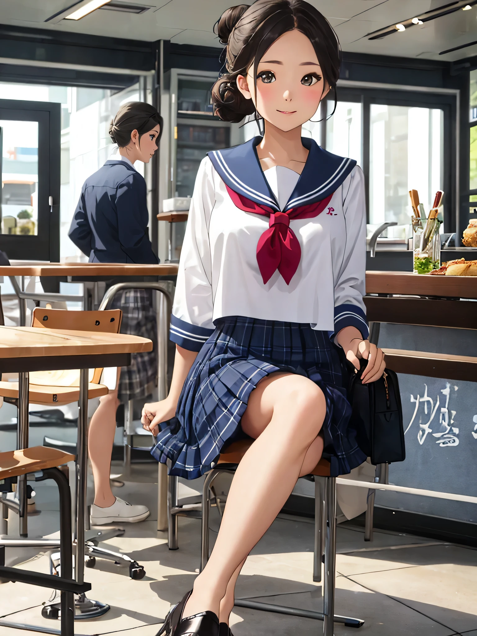 (8K, RAWphotograph, highest quality, masterpiece:1.2), 高精細な RAW カラーphotograph,
18 year old beautiful girl,photograph,realistic,whole body,intricate details,perfect skin,huge breasts,cute hairstyle,Have a stylish lunch on a date or at a cafe,

sailor suit,
A cute uniform with a sailor collar design..。,
Choosing a simple shape will give you an elegant and cute impression.。.。,
Pleated skirts and flared skirts are wonderful。,
Navy colors and plaid patterns are popular..。,
The recommended length is above or below the knee..。,
Pair your feet with loafers or heelless leather shoes for a chic and cute look..。,
We also recommend updos and buns to match the sailor color..。