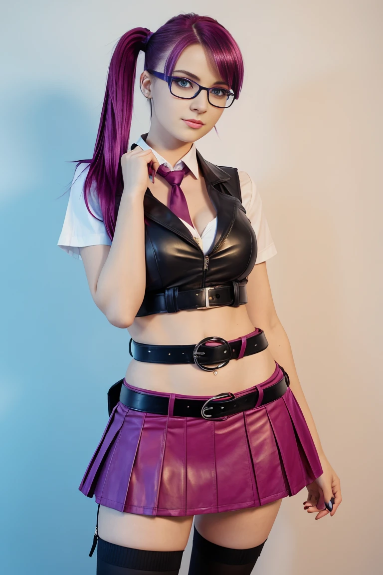 2 european woman with magenta hair in a short ponytail dressed in a schoolgirl outfit with leather miniskirt, cleavage, belt, glasses. Blue eyes with eye liner. Neutral background