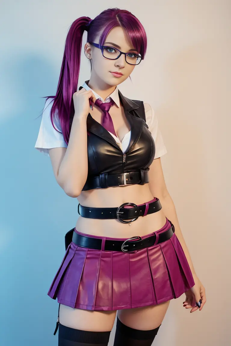 25 year old european woman with magenta hair in a short ponytail dressed in a schoolgirl outfit with leather miniskirt, cleavage...