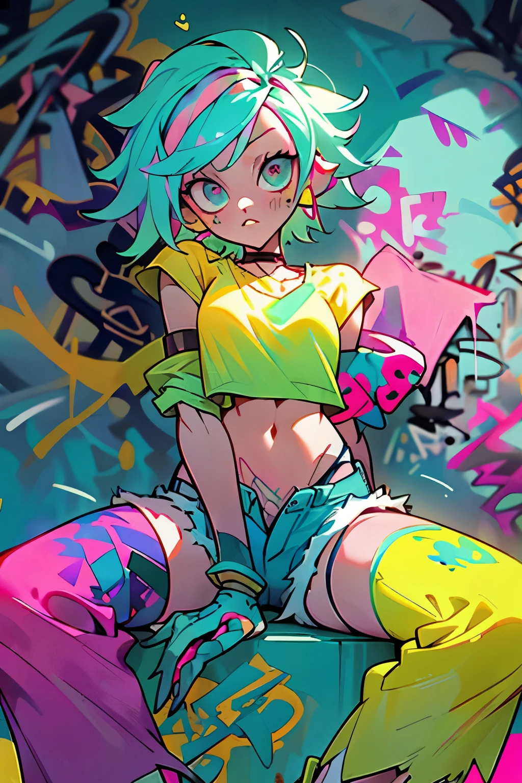 masterpiece, best quality, 1girl, solo, crop top, denim shorts, choker, (graffiti:1.5), paint splatter, arms behind back, against wall, looking at viewer, armband, thigh strap, paint on body, head tilt, bored, multicolored hair, aqua eyes, headset,non gender anime person in slim body with an outfit of yellow sweater with pink polkadot bubble design, and blue and green pants, psycho, cool pose, left crab arms, zooble, cool sit pose, pink short messy hair, abstract triangular shapes, clown vibe
