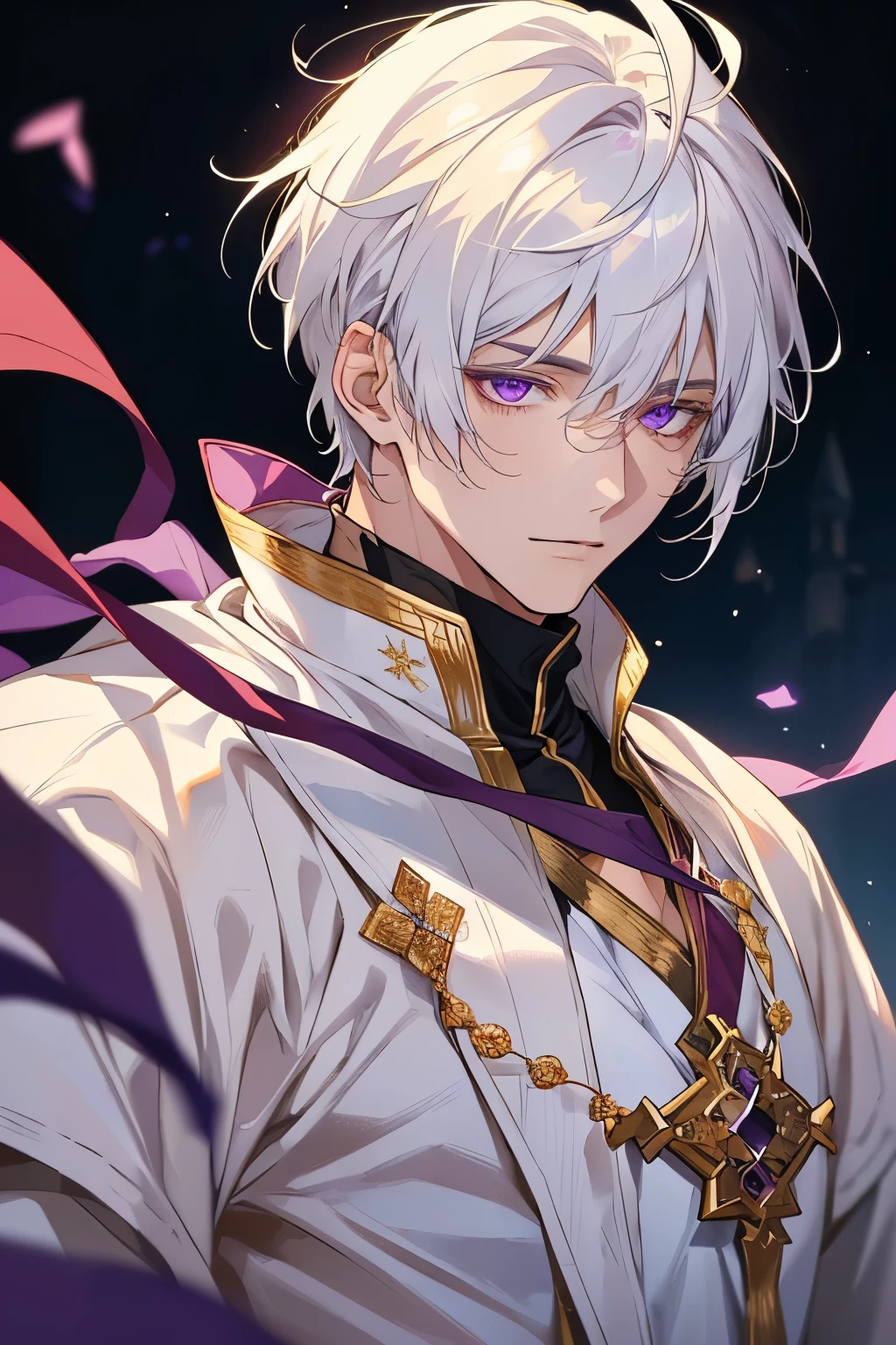 1 man, tranquility, age 35, face, short messy bangs, White hair, amethyst colored eyes, (white clothes, simple clothes), Close-up, medieval times, merchant.
