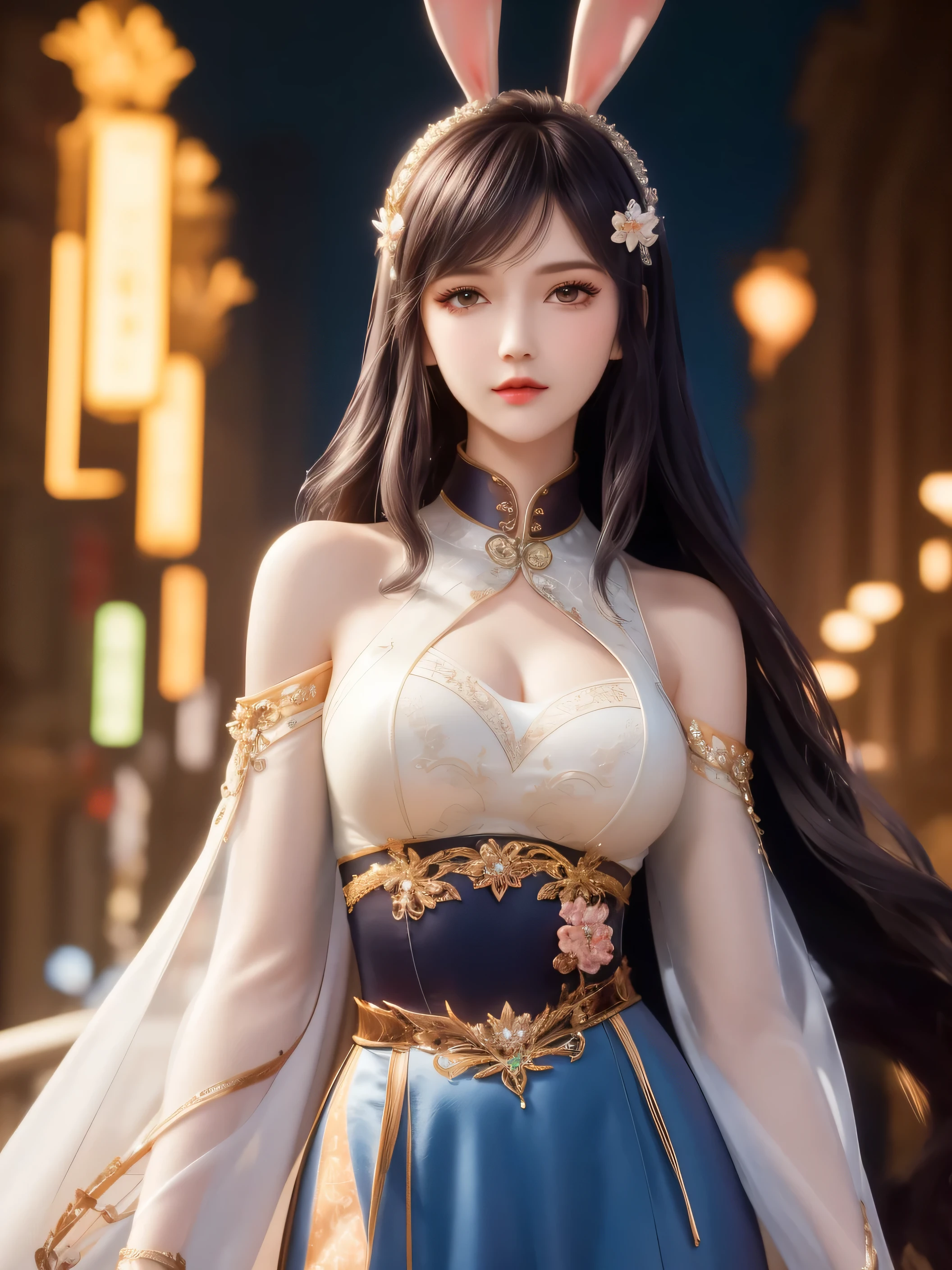 1girl,mature female, looking at viewer, cityscape, night, hair ornament, long hair, fake animal ears, skirt,shirt,clothing cutout, rabbit ears, detached sleeves,A lovely beautiful girl，lovely and delicate，Peerless beauty，Delicate hair accessories，pitying，（messy  hair），Costume in lace，Supple skin，Fashionab，A delicate painting，Clover hairpins，Blue，Ultra-high image quality，8K，depth of fields，（Macro lens），Ambient lighting，high light，Upper body animation style,Comics,High quality above the waist