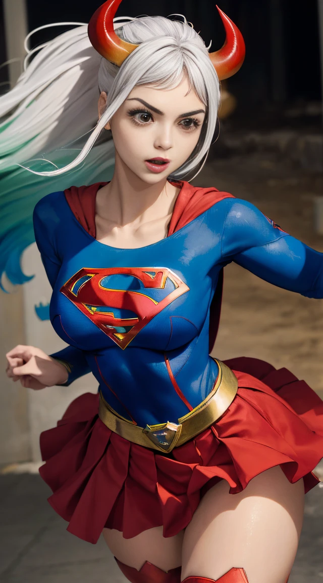 (melhor qualidade:1.3), Supergirl, capa vermelha, S do super-homem no peito, blue swimsuit, Red skirt, botas vermelhas, (demon girl), huge breasts, sedutora, sexy, cabelo branco com as pontas verde claro, chifre com as pontas vermelho