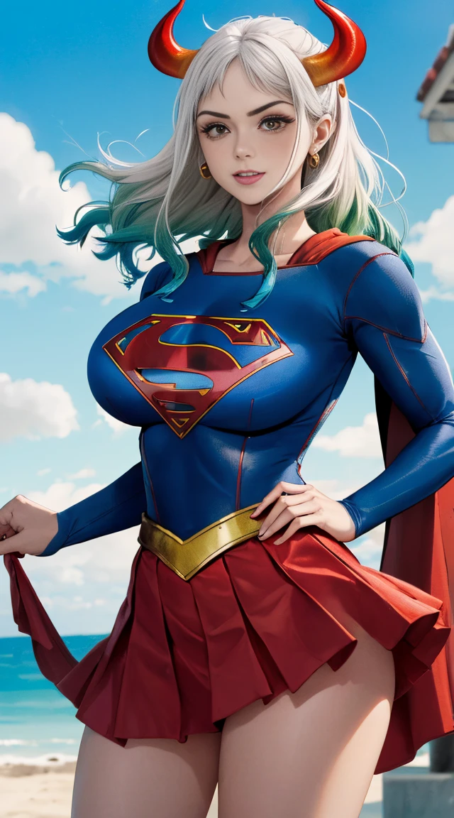 (best qualityer:1.3), Supergirl, red cloak, S for Superman on chest, blue swimsuit, Red skirt, red boots, (demon girl), huge breasts, seductiv, sexly, white hair with light green tips, horn with red tips