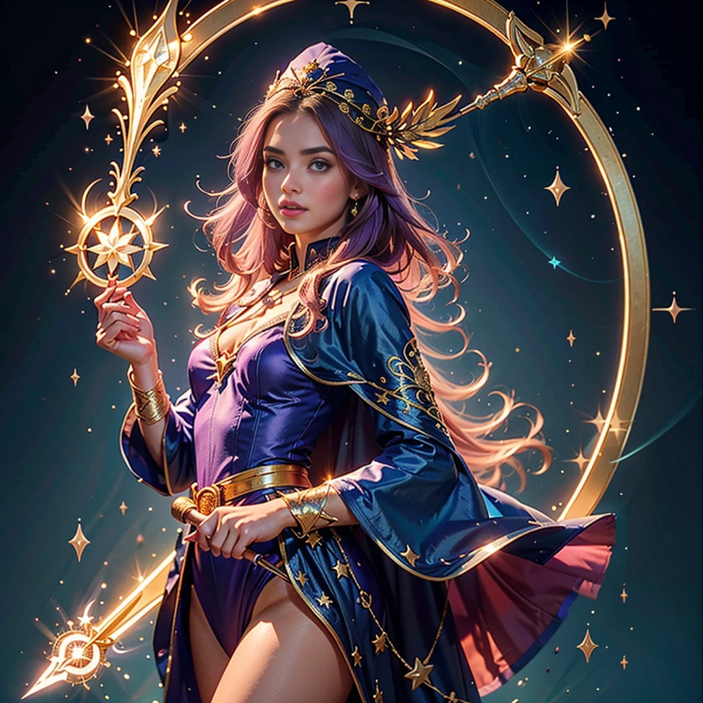 (8K, Foto CRU, melhor qualidade, senhor:1.2), (realista, photo-realista:1.37) Imagine uma jovem feiticeira mágica, uma Dark Magician Girl de Yu-Gi-Oh!, prestes a lançar um feitiço poderoso. Um vestido curto em tons de azul escuro com detalhes dourados, estrelas mágicas adornando sua roupa. Uma capa esvoaçante com enfeites em forma de estrela. Ela usa meias que combinam com seu traje. Visualize seu cabelo longo e fluido. A cor é um roxo vibrante, talvez com nuances de rosa ou azul. Procure fitas ou enfeites mágicos em seu cabelo.. Imagine um chapéu pontudo que ela usa, Decorado com símbolos mágicos. Talvez uma estrela brilhante no topo, adicionando um toque de magia.  Veja ela segurando uma varinha mágica na mão. O bastão emite uma aura mística, indicando seu poder como feiticeira.