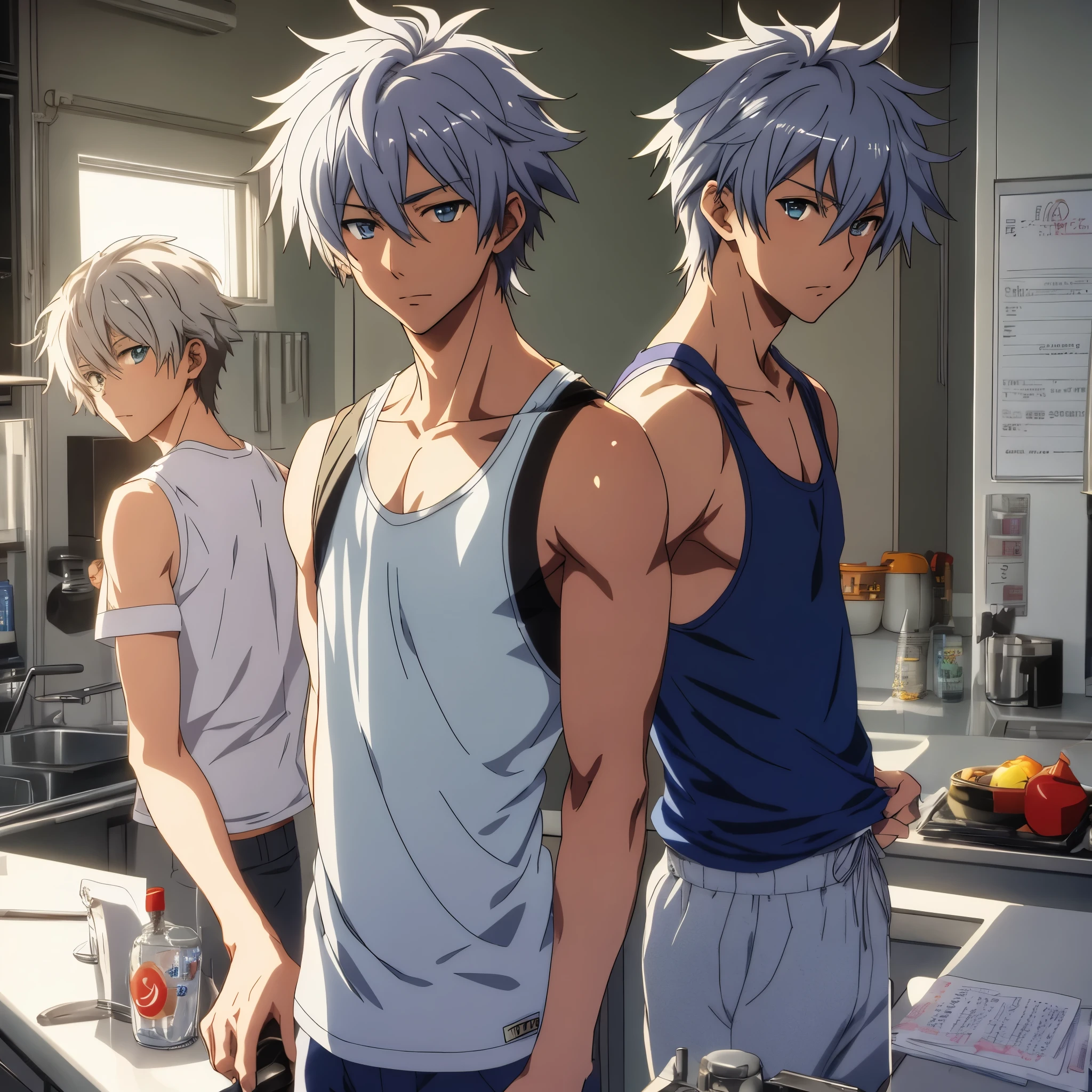 Anime characters standing in a kitchen with a counter top - SeaArt AI