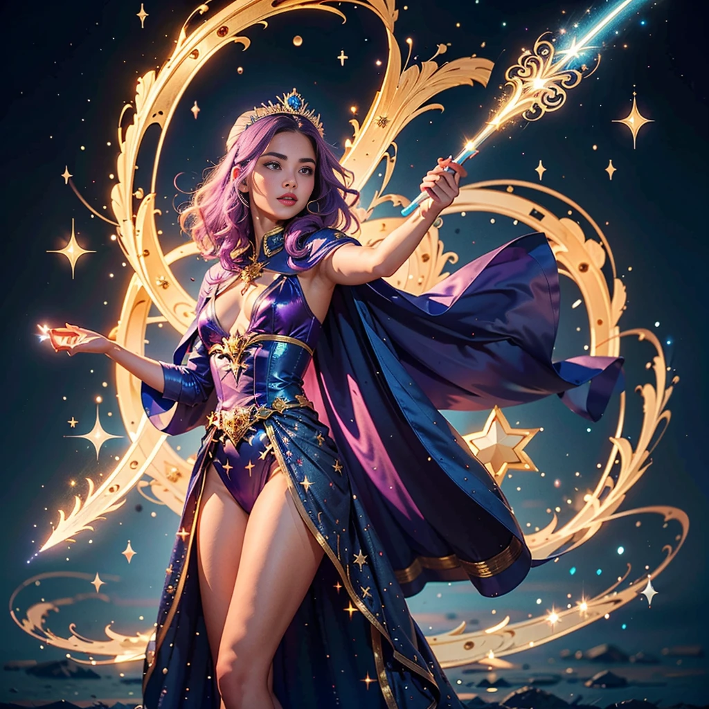 (8k, Foto RAW, melhor qualidade, senhor:1.2), (Realistic, photo-Realistic:1.37) Imagine a young magical sorceress, a Dark Magician Girl de Yu-Gi-Oh!, about to cast a powerful spell. Um vestido curto em tons de azul escuro com detalhes dourados, magical stars adorning your outfit. A flowing cape with star-shaped embellishments. Ela usa meias que combinam com seu traje. Visualize seu cabelo longo e fluido. The color is a vibrant purple, talvez com nuances de rosa ou azul. Look for ribbons or magical decorations in your hair.. Imagine a pointy hat she wears, Decorated with magical symbols. Talvez uma estrela brilhante no topo, adicionando um toque de magia.  See her holding a magic wand in her hand. The stick emits a mystical aura, indicando seu poder como feiticeira.