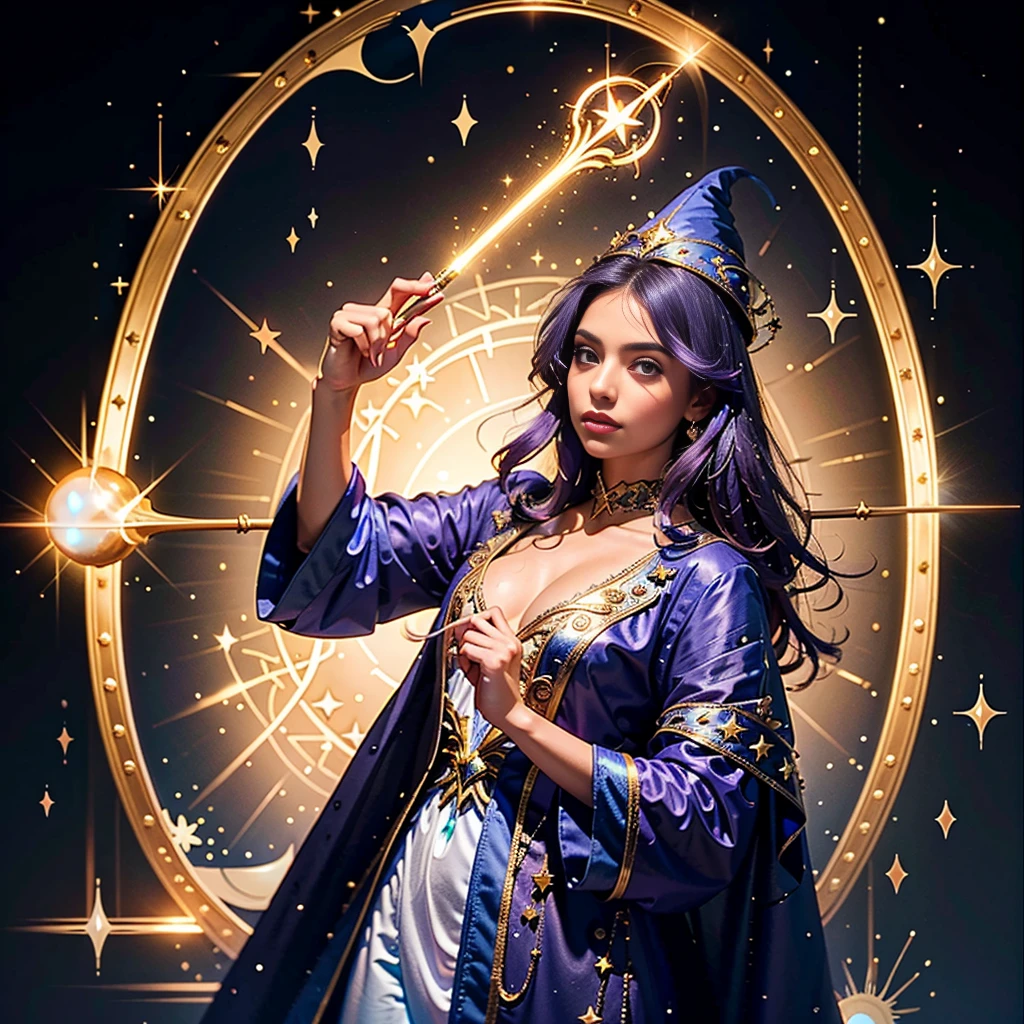 (8k, Foto RAW, melhor qualidade, senhor:1.2), (Realistic, photo-Realistic:1.37) Imagine a young magical sorceress, a Dark Magician Girl de Yu-Gi-Oh!, about to cast a powerful spell. Um vestido curto em tons de azul escuro com detalhes dourados, magical stars adorning your outfit. A flowing cape with star-shaped embellishments. Ela usa meias que combinam com seu traje. Visualize seu cabelo longo e fluido. The color is a vibrant purple, talvez com nuances de rosa ou azul. Look for ribbons or magical decorations in your hair.. Imagine a pointy hat she wears, Decorated with magical symbols. Talvez uma estrela brilhante no topo, adicionando um toque de magia.  See her holding a magic wand in her hand. The stick emits a mystical aura, indicando seu poder como feiticeira.