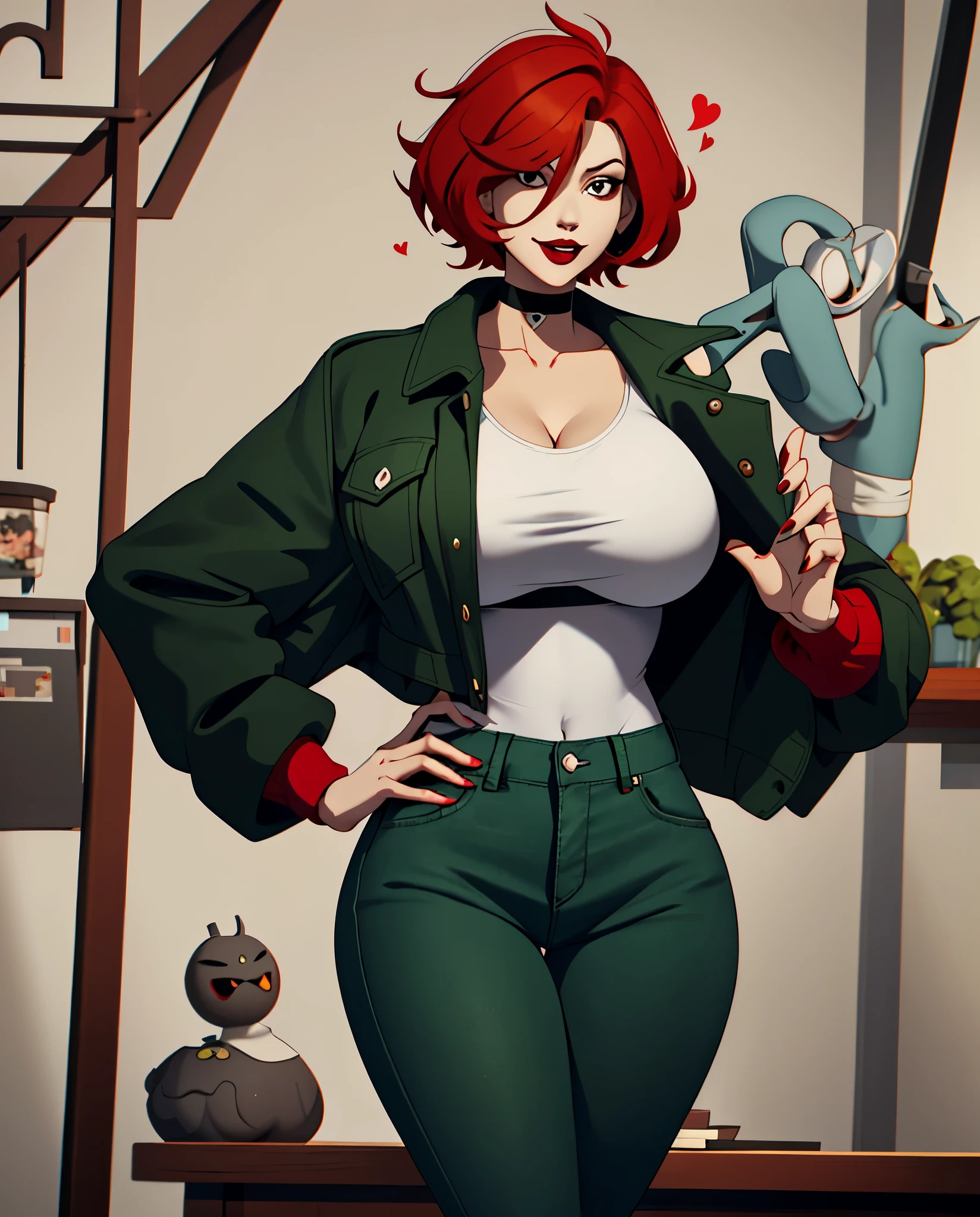 A woman with short, red hair and white tips. She has brown eyes and is wearing black lipstick. She has a slim body and is dressed in a green jacket and jeans. Big thighs, huge , massive , big breast, thicc, sexy, suggestive, flirty face, submissive, hearts in eyes, nsfw 🥵