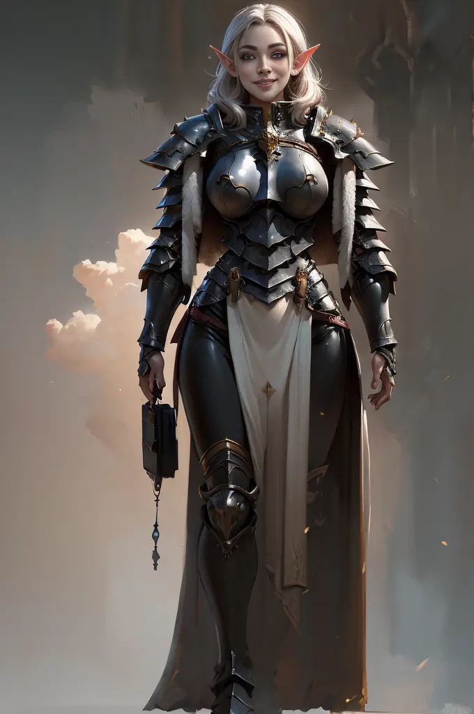 full body elf female, face well designed, masterpiece, knight armor, 4k, ultra realistic, 8k, braceless, big smile, well done, e...