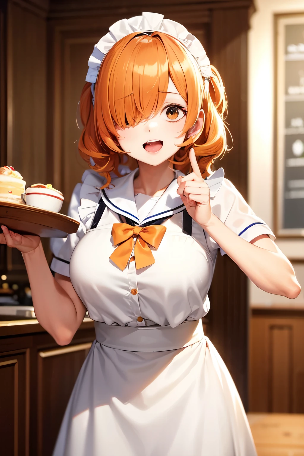 （In 8K, best quality, muste piece:1.2)、ultra high resolution,1 female 14 years old、ultra-detailed face,Three white eyes,Wide open mouth,cinema lighting、One eye is hidden by bangs,(hair over one eye),orange hair,short hair,sailor suit Maid,maid headband,detailed hand fingers,serving at a cafe