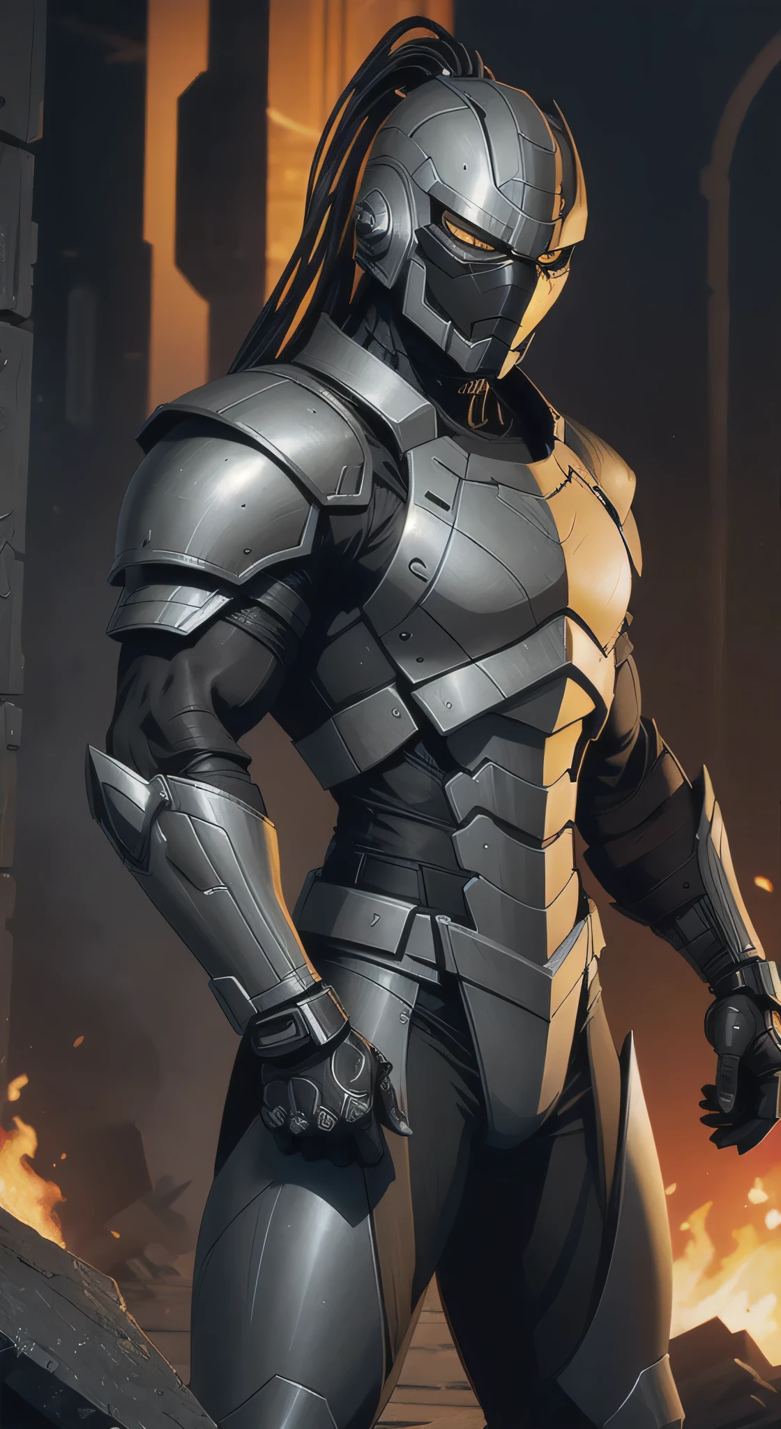 zxcrx, cyborg ninja wearing sleek, (grey and black armour:1.5) that incorporates various mechanical components, his face is covered by a helmet with a (black visor:1.3), arm-mounted blades, energy-based weaponry, ((smoke on background:1.4)), intricate, high detail, sharp focus, dramatic, photorealistic painting art by greg rutkowski