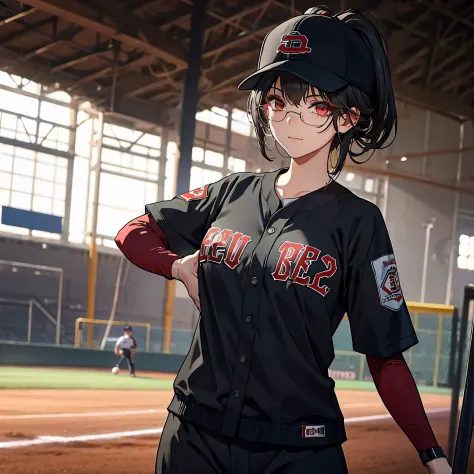 a man in a black baseball outfit together with a woman (eye red) in a baseball outfit on the baseball field