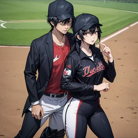 a man in a black baseball outfit together with a woman (eye red) in a baseball outfit on the baseball field