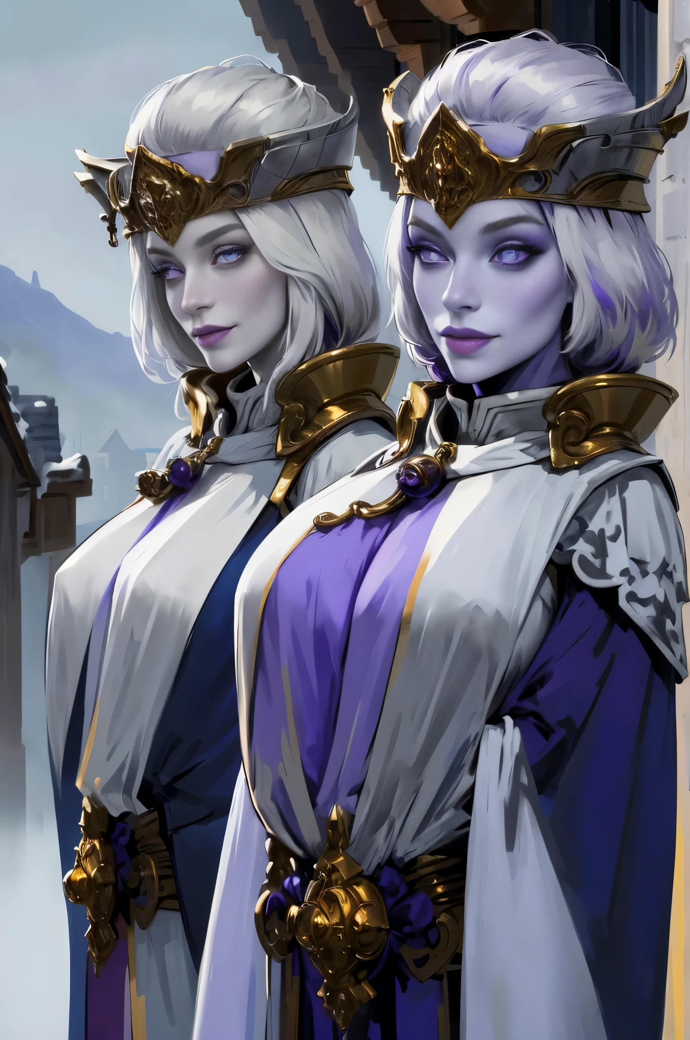 (Triplets)(chest covered)(smile)Gray skin, pale golden hair and violet eyes. They prefer clothing of white and silver with cloaks of deep blue or purple,village background, huge_knockers, ((very precise detailed)), ((highres)