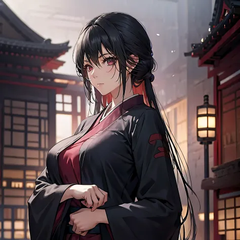 a woman wearing a black kimono with red details, red eyes, big breasts, in a japanese castle.