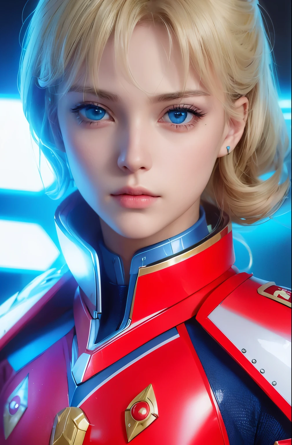 Une belle femme regardant sérieusement la caméra.vingt ans. Cheveux blonds et yeux bleus. Il tient un sabre laser dans une main. Il porte une tenue de combat rouge métallique, et autour de sa taille, quelque chose qui rappelle la ceinture de transformation de Kamen Rider. Elle se trouve dans un hangar de vaisseau spatial. Beaux yeux doubles. L&#39;arête de mon nez. lèvres bien formées.