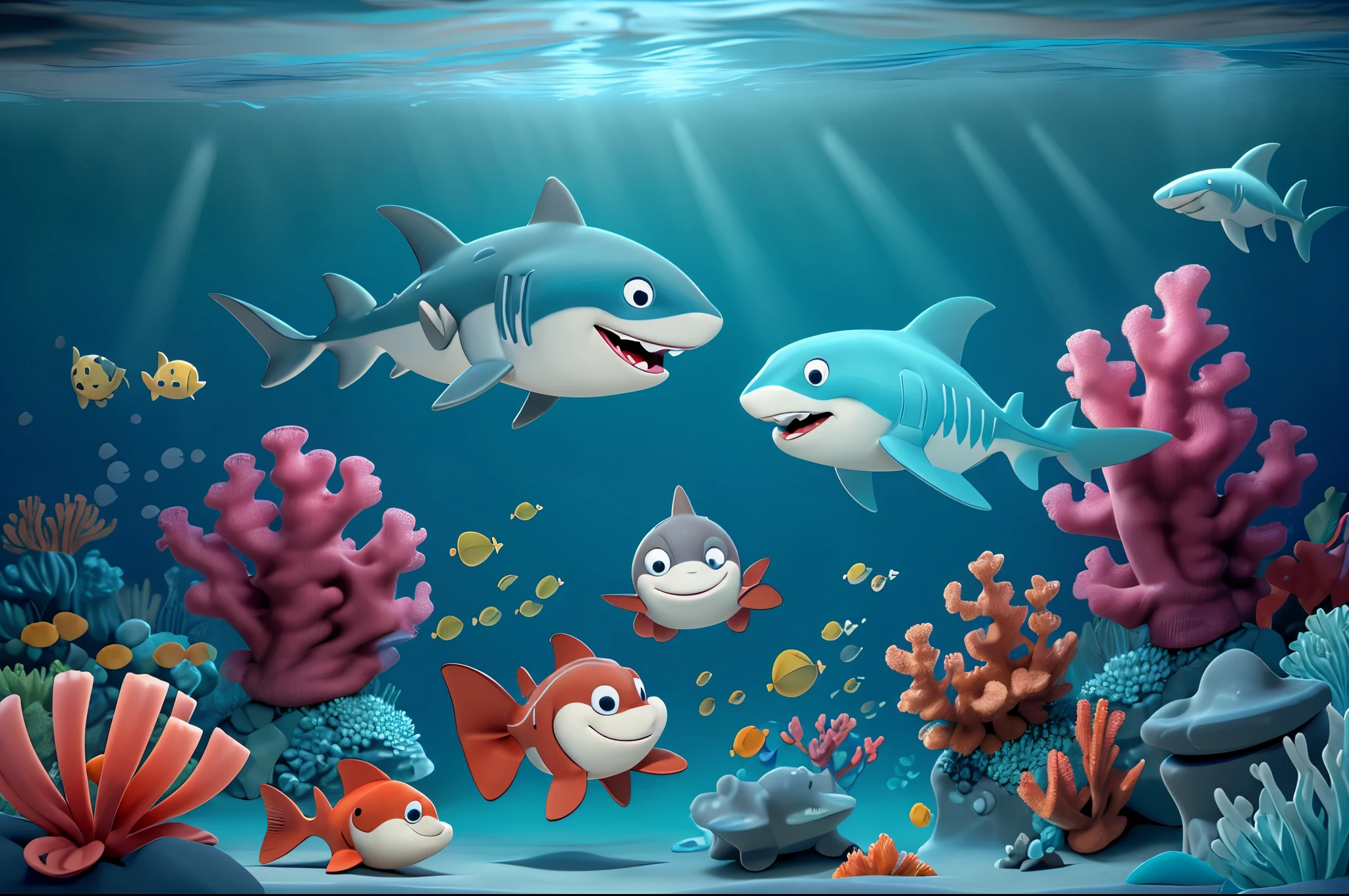 cartoon plot depicting a kind cartoon shark in the underwater world, 2 kind cartoon sharks and 1 hammerhead shark are having fun communicating, there is a kind cartoon underwater atmosphere with its own underwater world and details all around, high detail, great depth of field, High-definition image