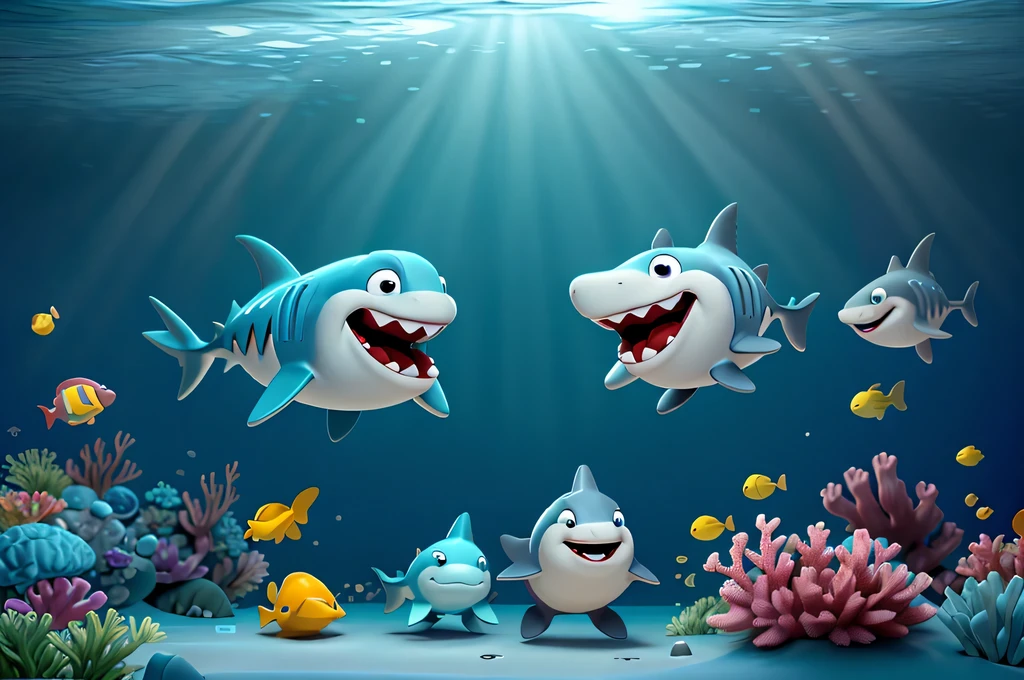 cartoon plot depicting a kind cartoon shark in the underwater world, 2 kind cartoon sharks and 1 hammerhead shark are having fun communicating, there is a kind cartoon underwater atmosphere with its own underwater world and details all around, high detail, great depth of field, High-definition image