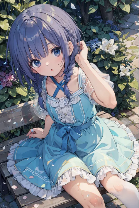 (solo:1.2),Cute girl sitting on a bench in the garden,frilly dirt,look up from above,cobblestone,Dark blue-violet hair,Thin bob ...