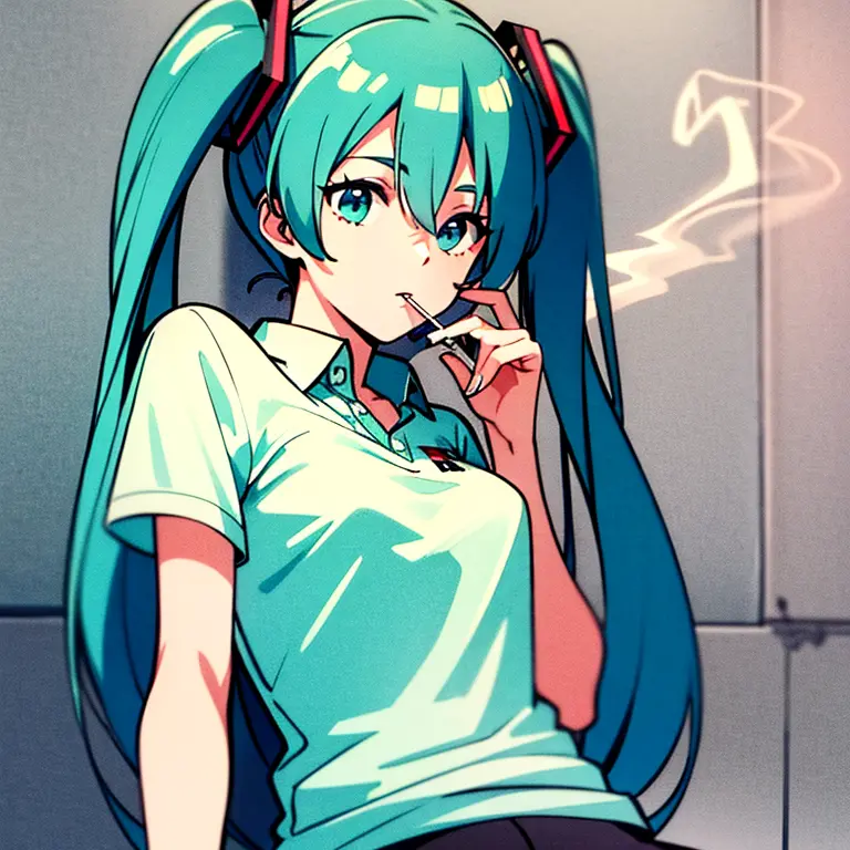 hatsune miku with an italy green polo ralph lauren tshirt, and a cigarette in her hand