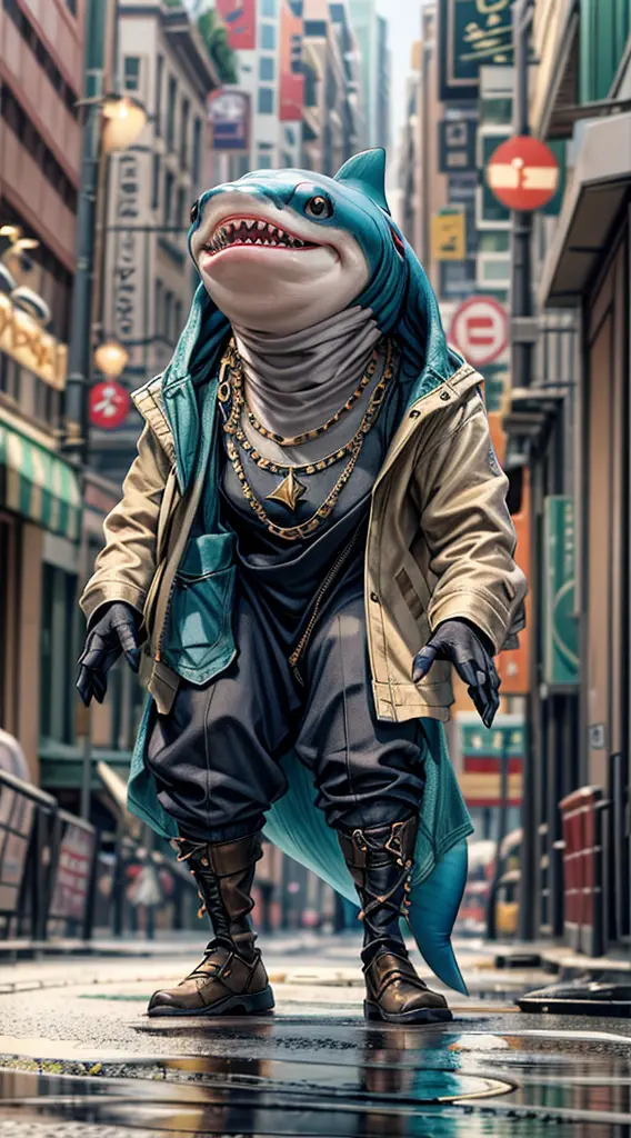 stylish anthropomorphic shark, jacket, metal necklace, cool, walking pose, city streets