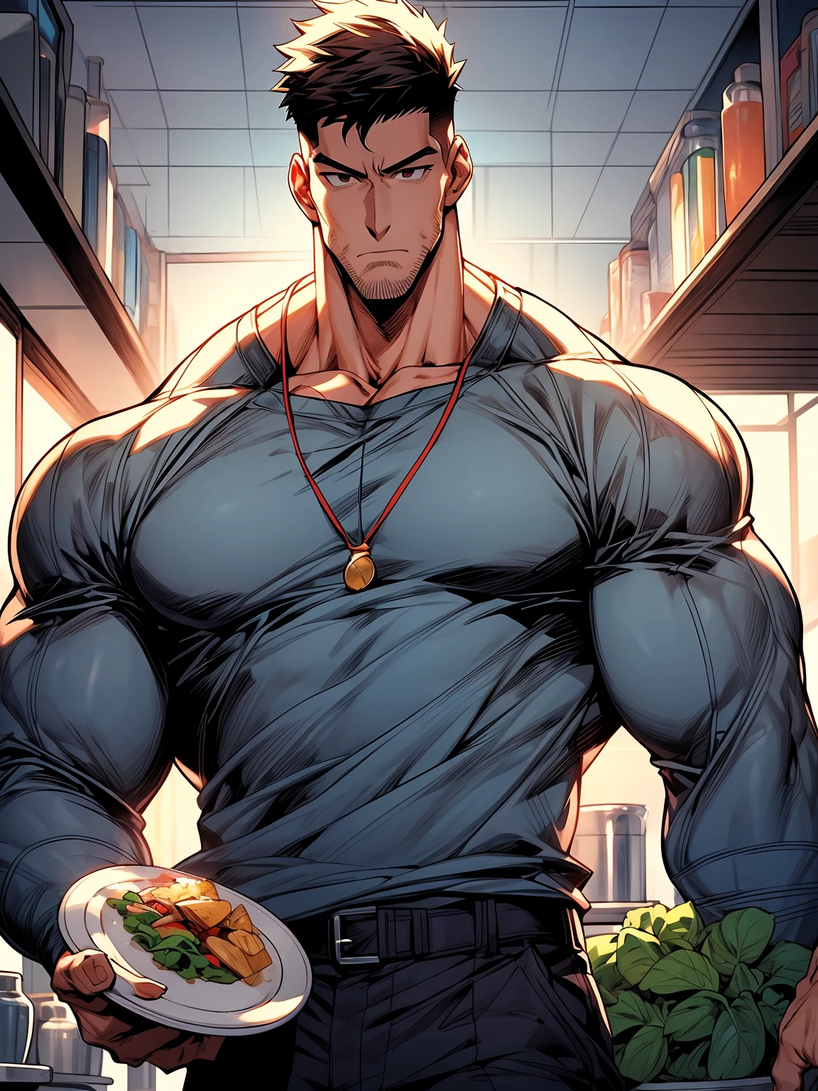 A man standing in front of a plate of food, webtoons, manhwa - SeaArt AI