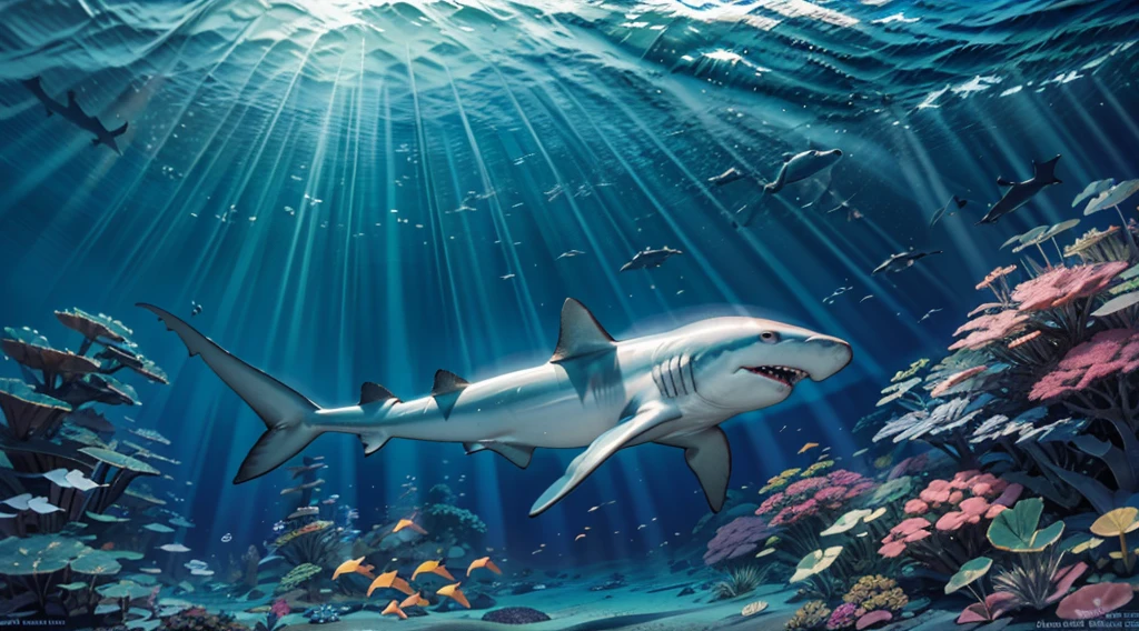 um tubarão-martelo nadando no fundo do mar, bela paisagem marinha, luz ambiente