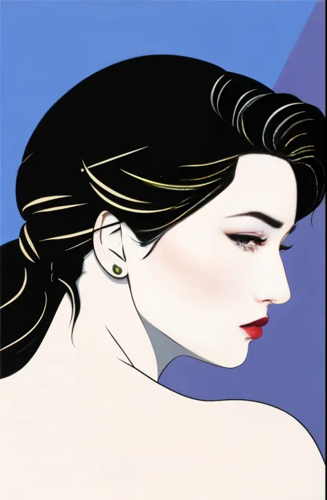 (masterpiece art:1.1), (最high quality), woman with strapless dress and lipstick, gray background, art style by patrick nagel, be...