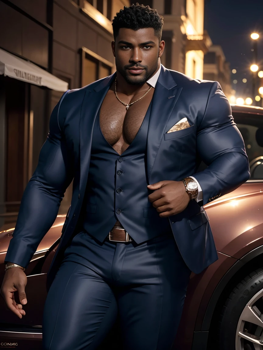 8k，8K resolution，2 Muscular Europeans, handsome man，charming eyes，dark skin,beautiful, smooth and shiny，Full muscles，Thick body hair， (wearing a stylish suit)，big bag，emphasize，Driving a luxury convertible，The car is full of roses，Two men smiling happily，professional lighting，Professional photography，Realistic photos，realistic model，realistic art