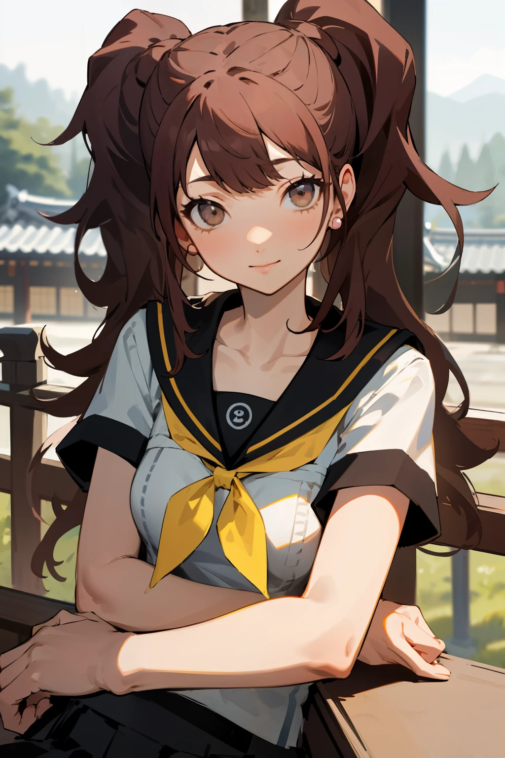 masterpiece, best quality, highres, rural japan, japanese architecture in the background, smile, 1girl, solo, looking at viewer, breast rest, kujikawarise, long hair, medium breasts, twintails, bangs, skirt, collarbone, school uniform, white shirt, shirt, short sleeves, pleated skirt, serafuku, black skirt, sailor collar, neckerchief, black sailor collar, yellow neckerchief, yasogami school uniform, earrings,