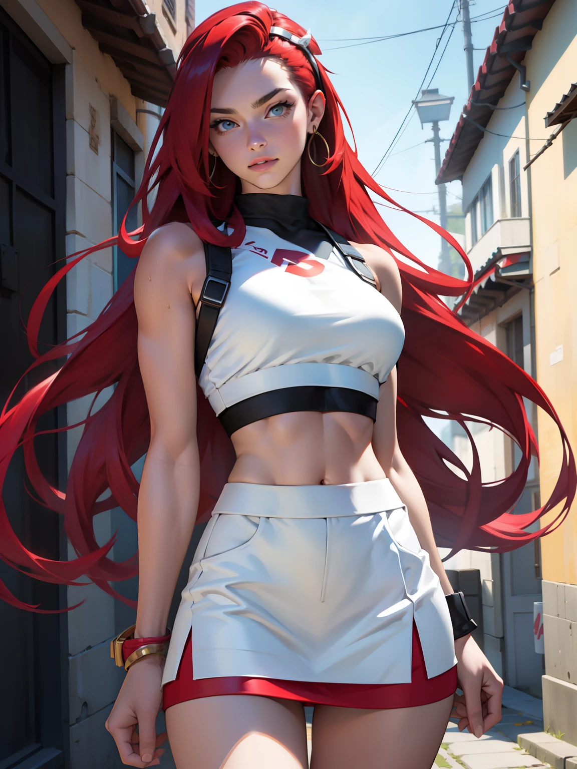 Photo, Best quality, high resolution 8k,most beautiful teenager,1, white skin, ultra detailed, European, long hair, red hair, hair combed back,perfect body, exuberant exotic, erotic, big breasts, narrow waist, slim thighs, thigh gap, very well detailed, mini skirt, tight white skirt, crop top, Jessie pokemon, 